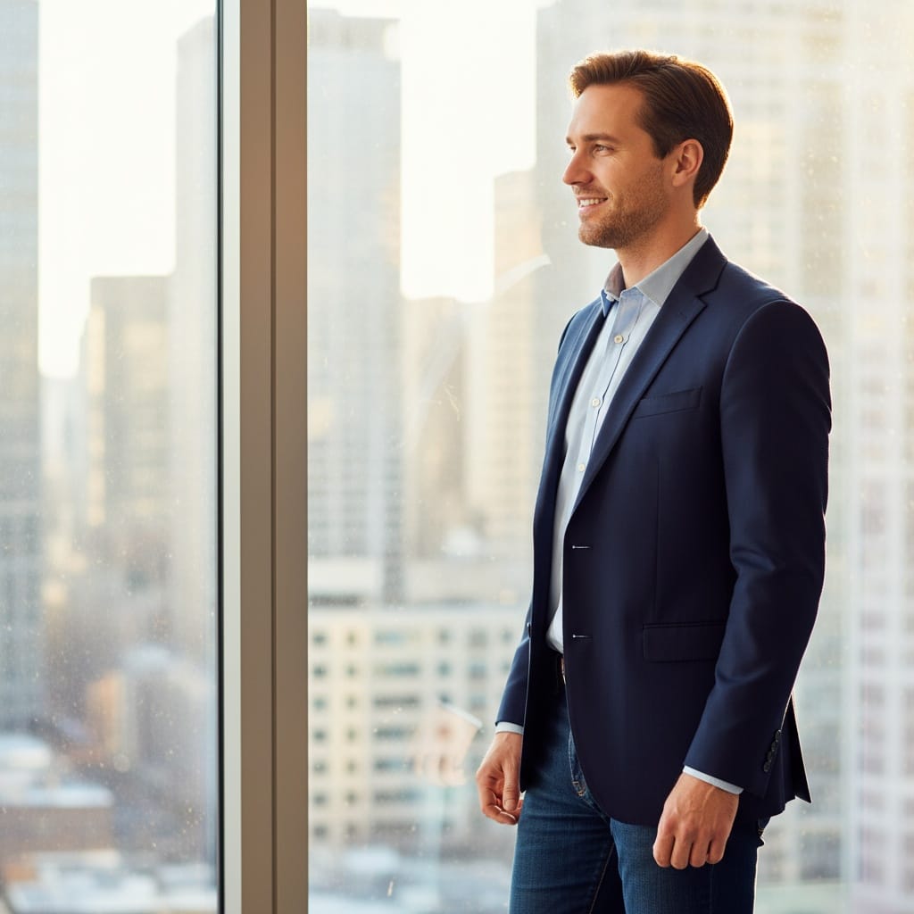 slim white man standing by window contemplative 95894391