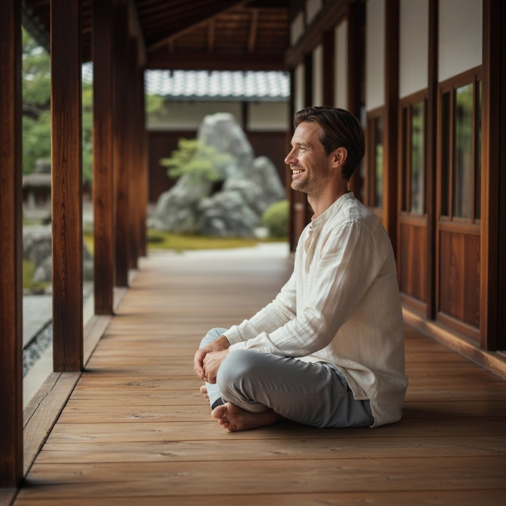 slim white man temple corridor meditation 75759993