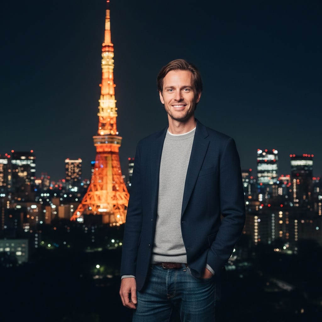 slim white man tokyo tower night view 68058656