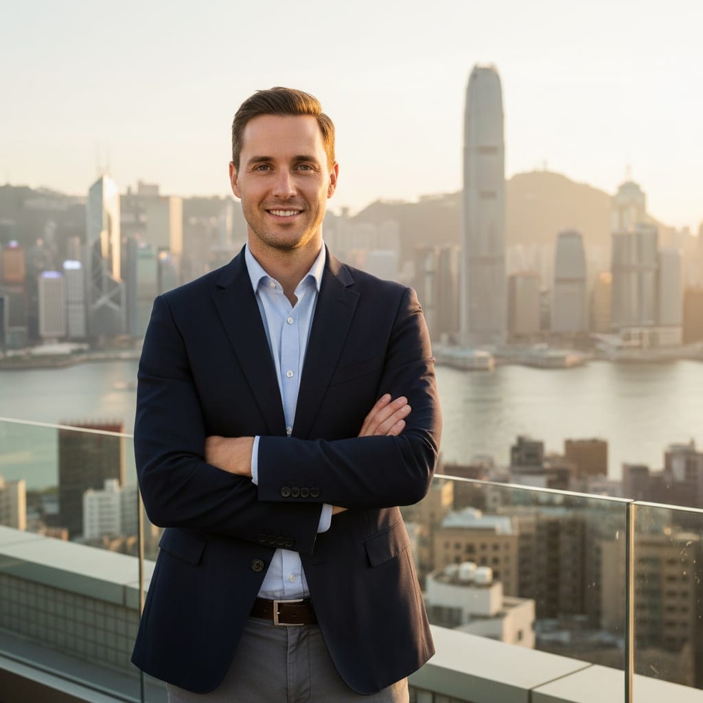 slim white man victoria harbour rooftop portrait 99273806