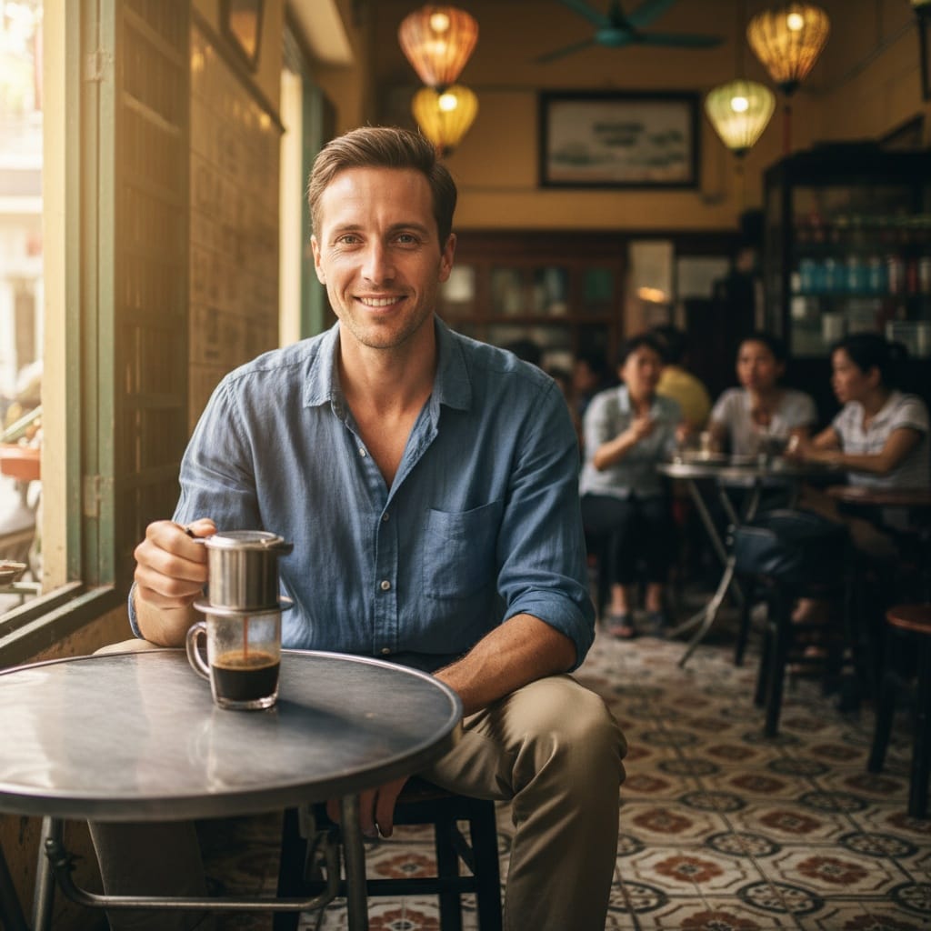 slim white man vietnamese coffee shop 24689410