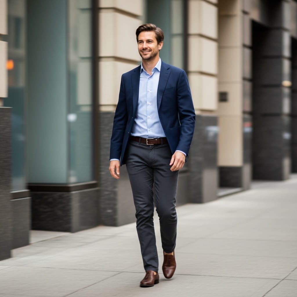 slim white man walking urban environment 10671290