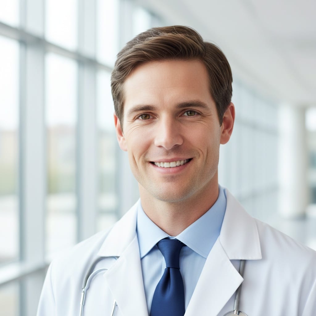 slim white man white coat hospital background 12005795
