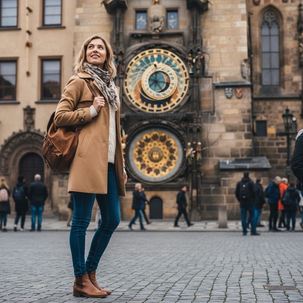 slim white woman astronomical clock close 28371269