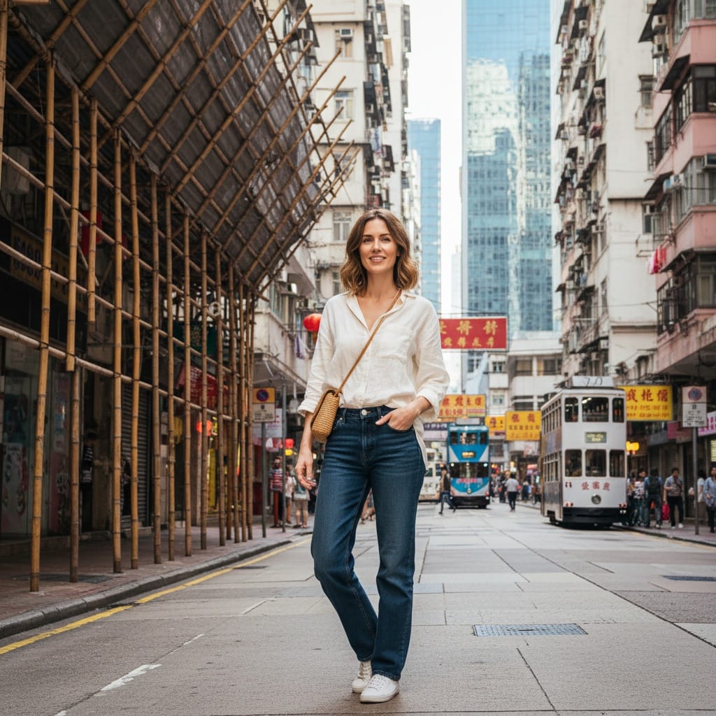slim white woman bamboo scaffolding urban 99469774