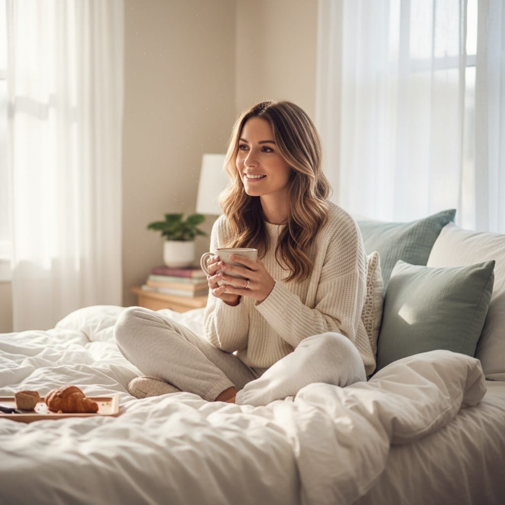 slim white woman bedroom morning natural light 52060521