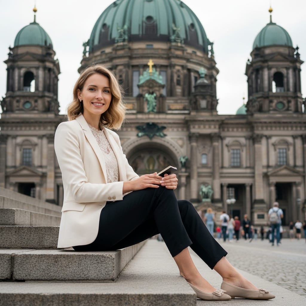 slim white woman berlin cathedral steps 73703776