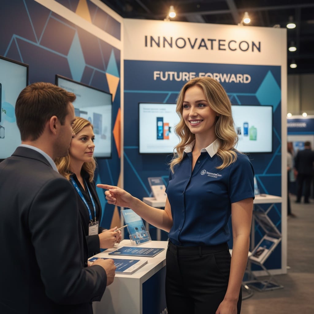 slim white woman booth exhibitor interaction 98305622
