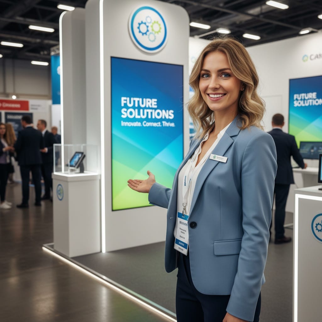 slim white woman booth signage branding 98301222