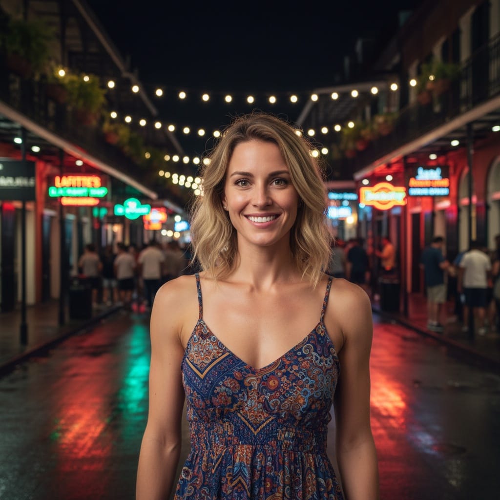 slim white woman bourbon street neon night 85782752