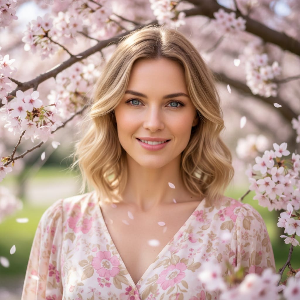 slim white woman cherry blossom portrait soft focus 18710588