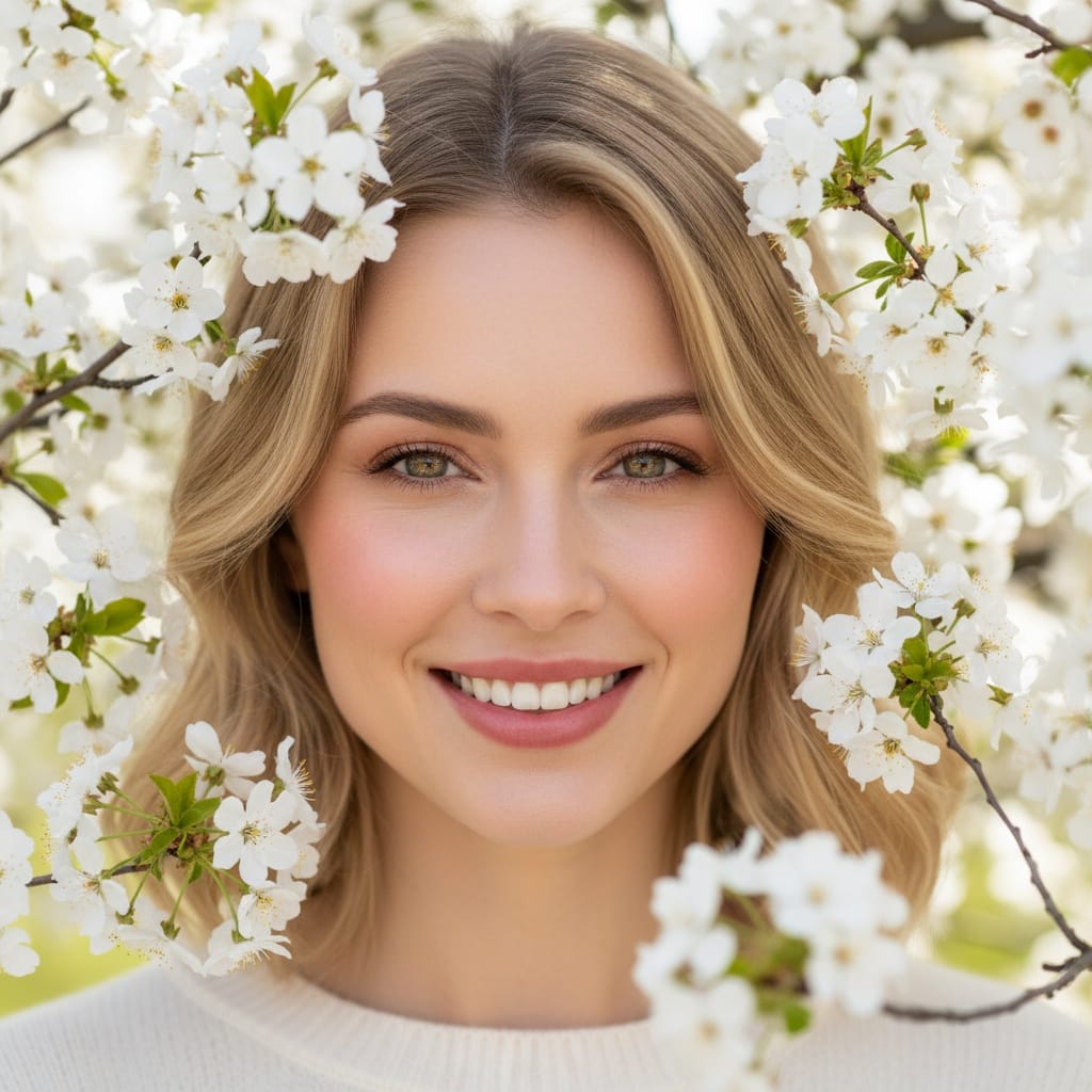 slim white woman close up blossom framing 93979969