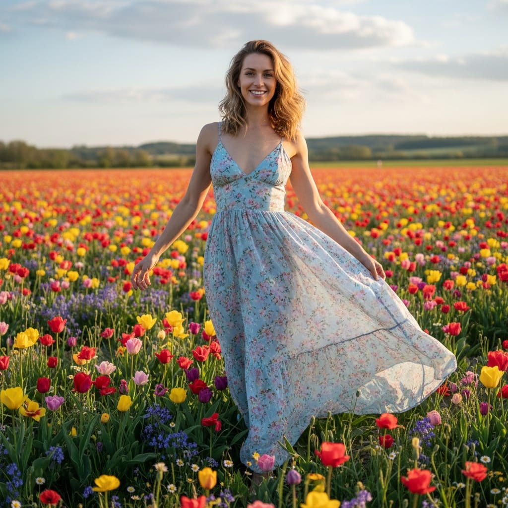 slim white woman flower field full body 40386248
