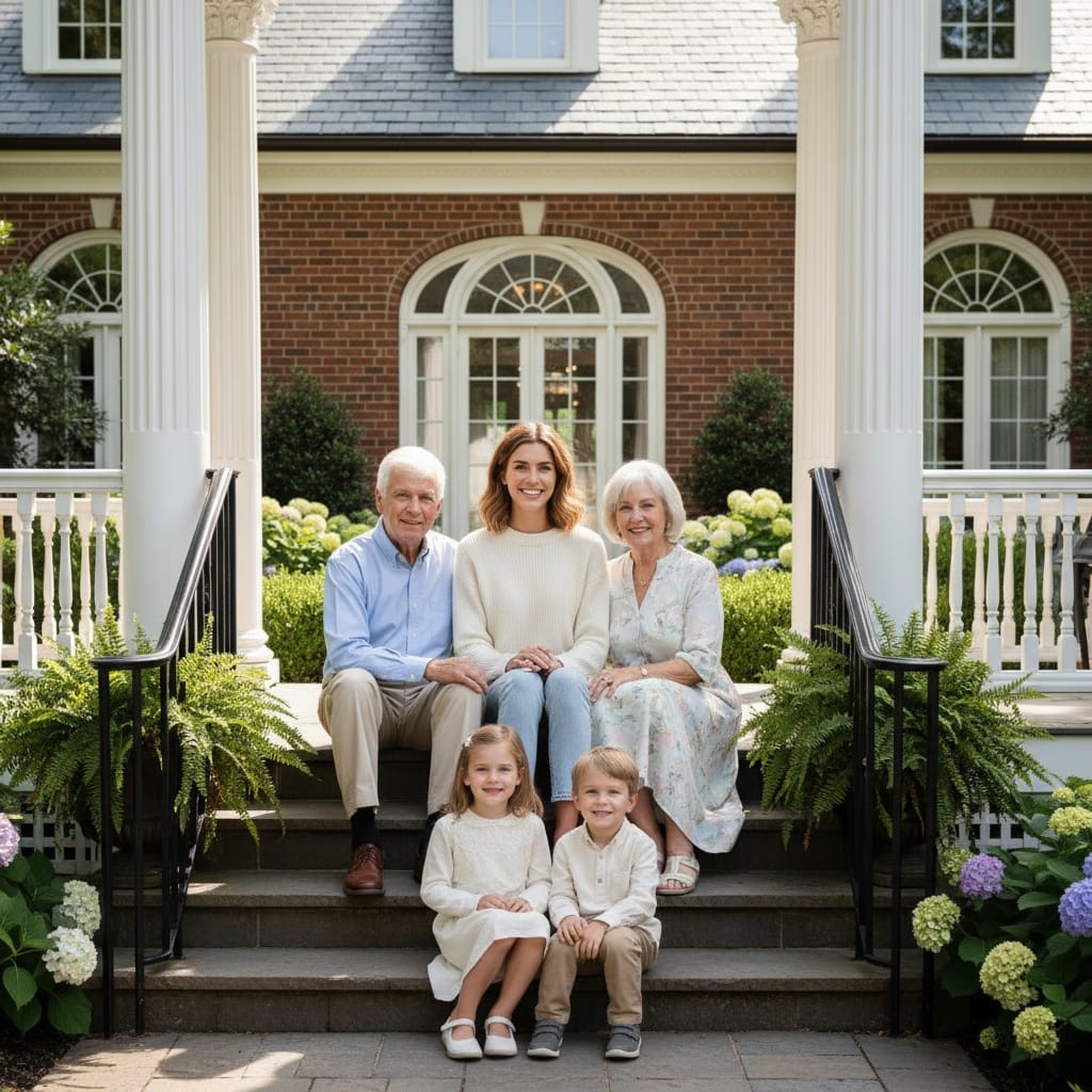 slim white woman front porch home 34855949