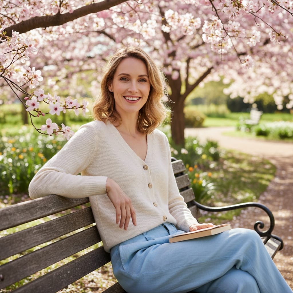 slim white woman garden bench candid 72349989