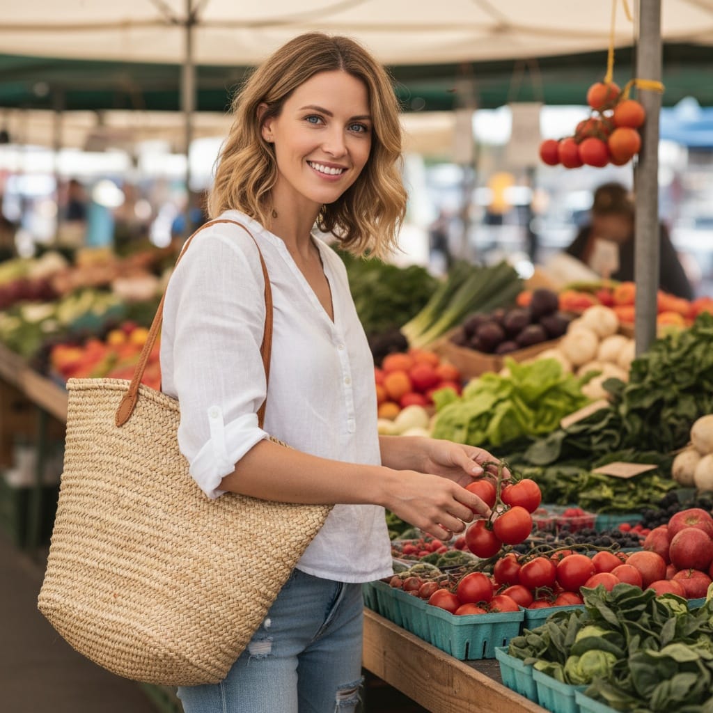 slim white woman grocery shopping farmers market 57062754