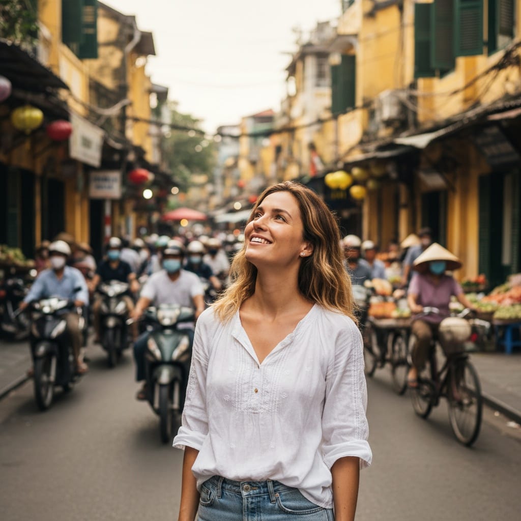slim white woman hanoi old quarter street 96838029