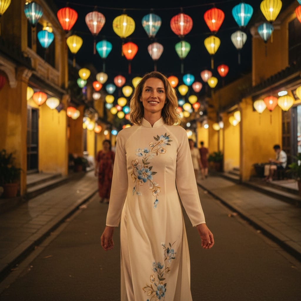 slim white woman hoi an lantern street 90943408