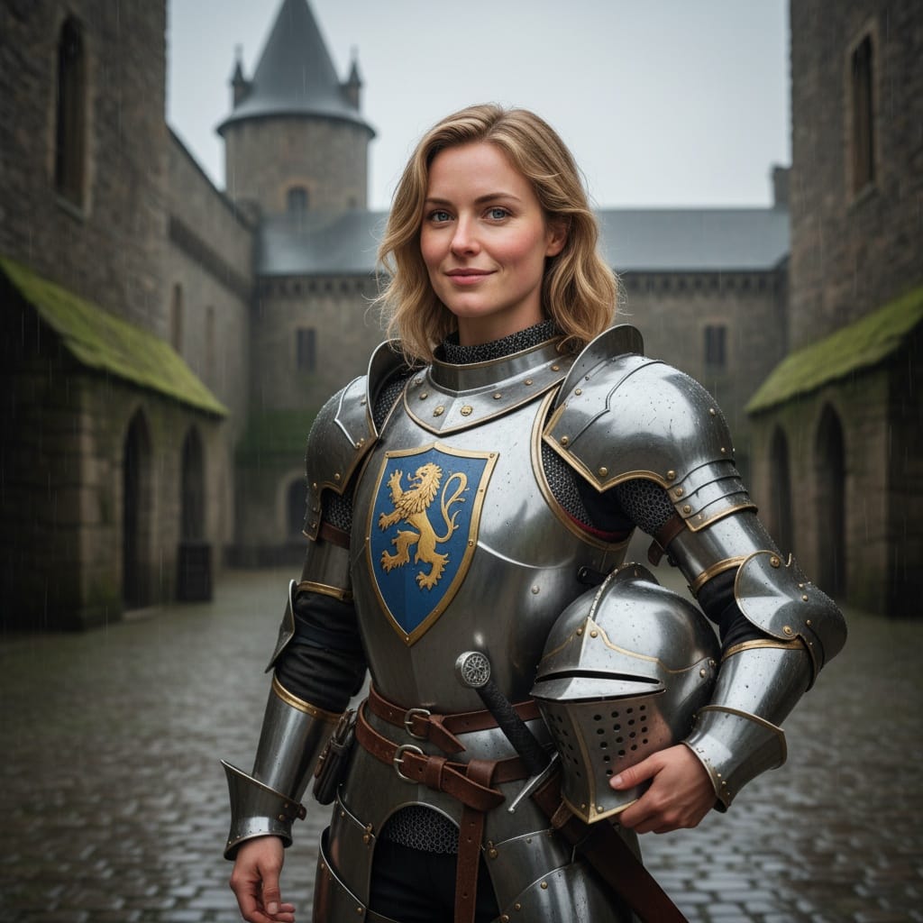 slim white woman knight armor castle courtyard 89298327