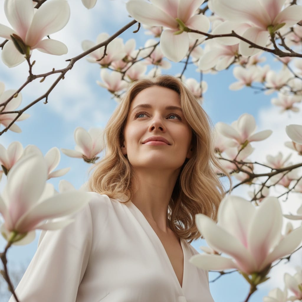 slim white woman magnolia tree upward angle 28452717