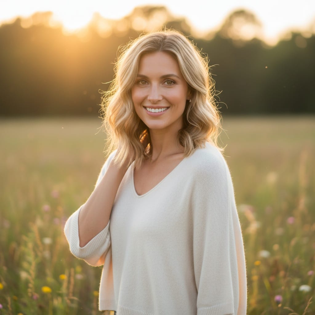 slim white woman natural outdoor golden hour 58727541
