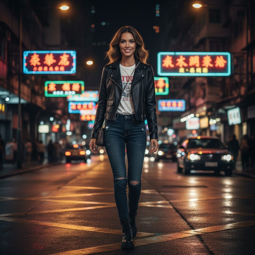 slim white woman neon street night portrait 55975649