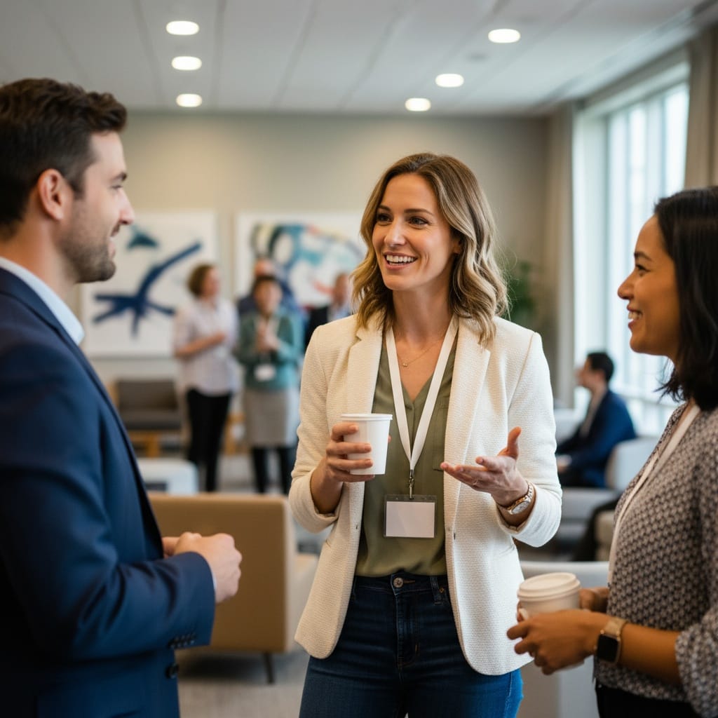 slim white woman networking conversation standing 50394562