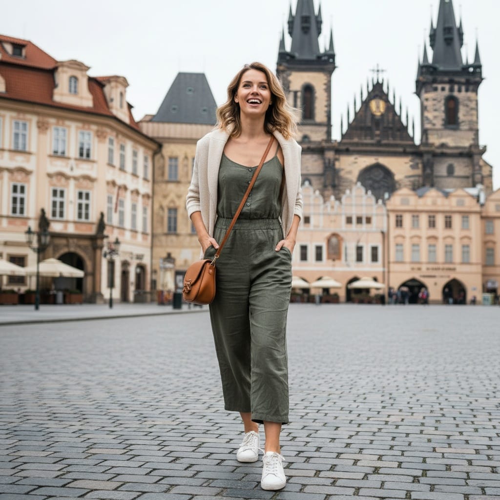 slim white woman old town square cobblestones 96779946