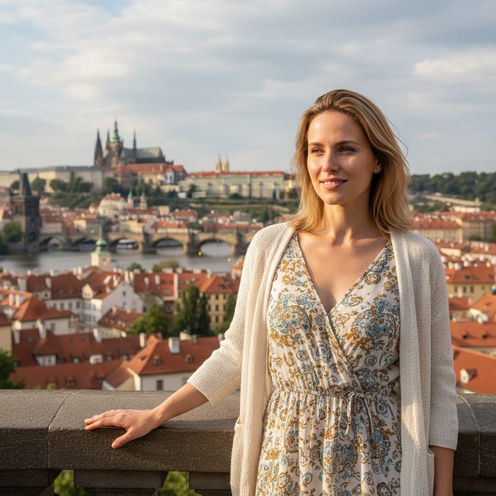 slim white woman prague castle overlook 80770302