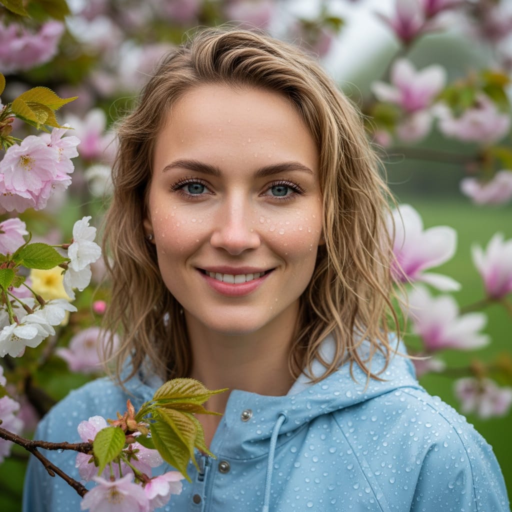 slim white woman rain spring blossoms 61688824