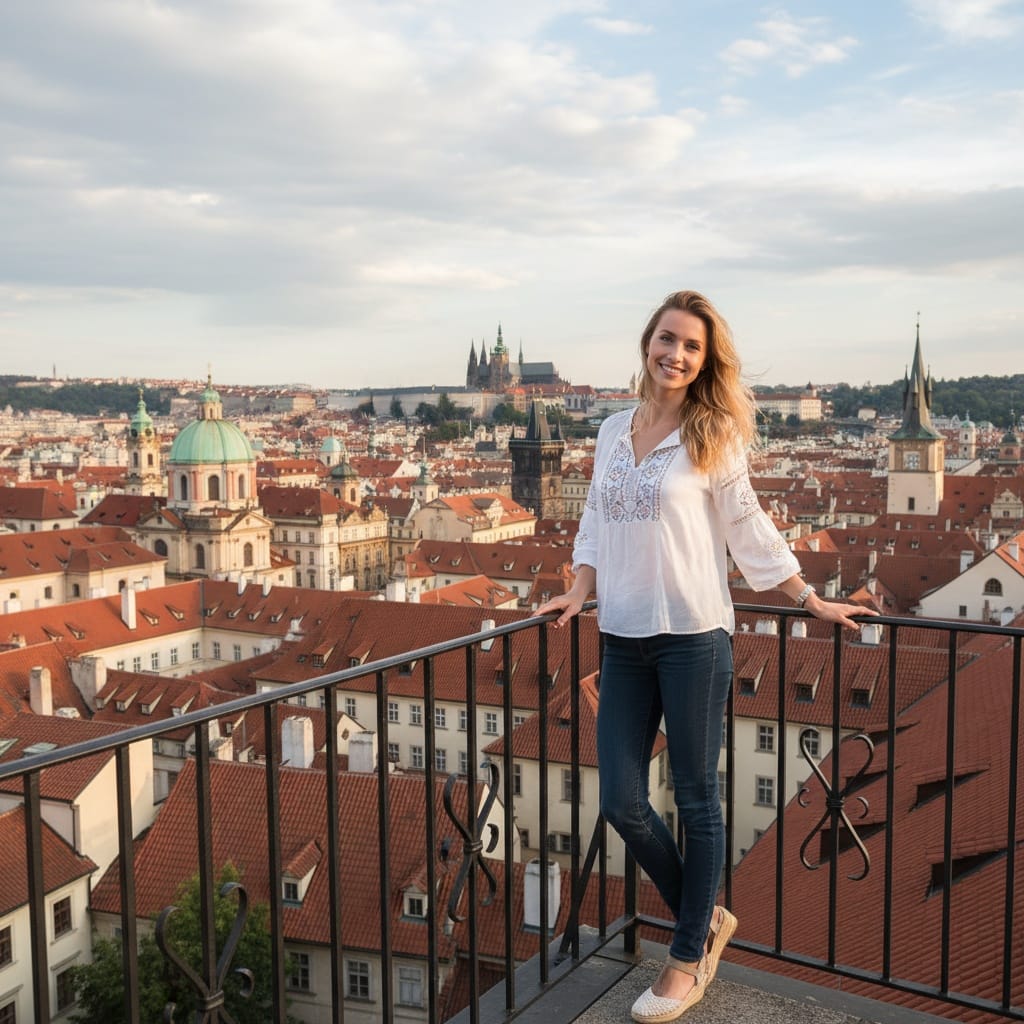 slim white woman rooftop panorama view 43078452
