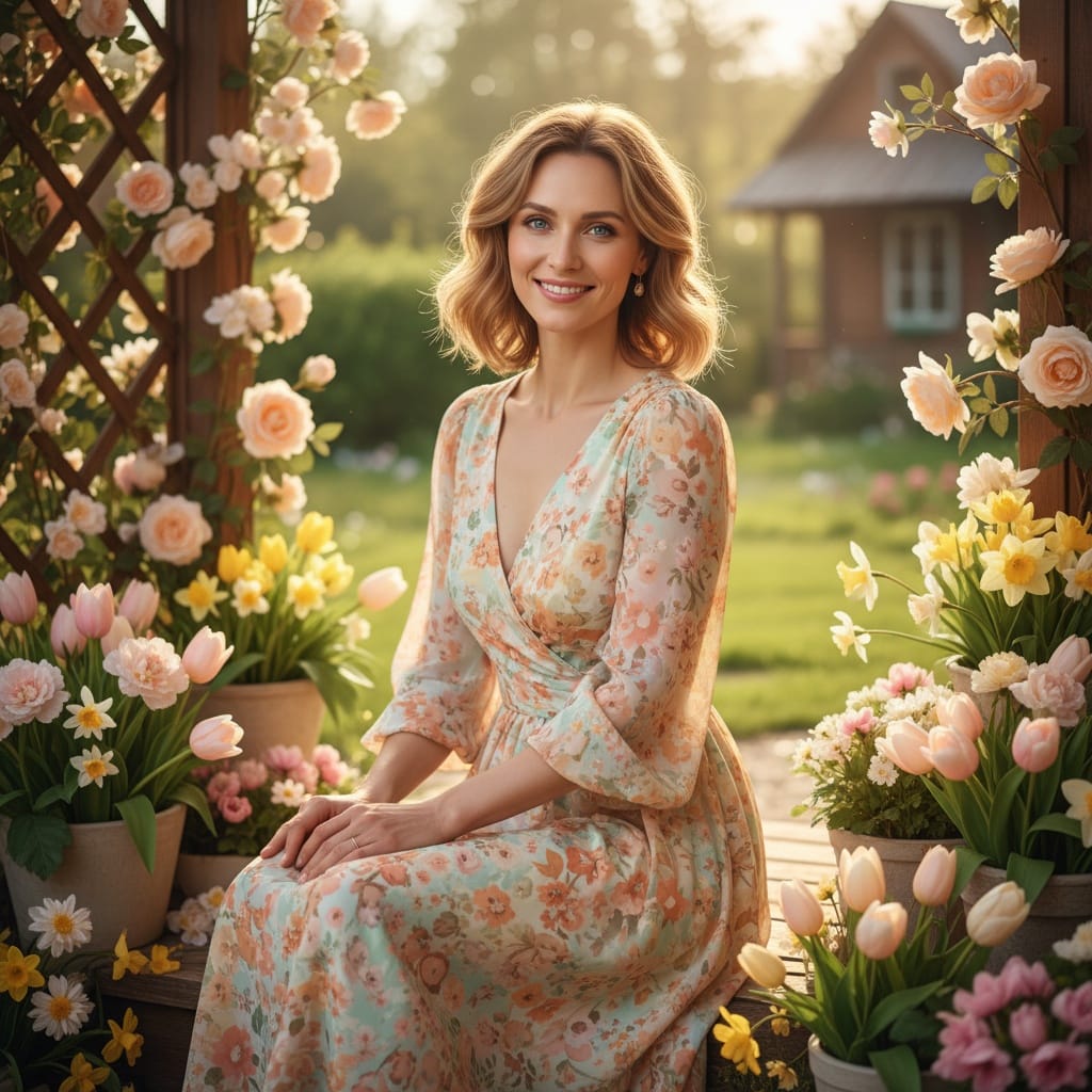 slim white woman spring porch sitting portrait 59109096