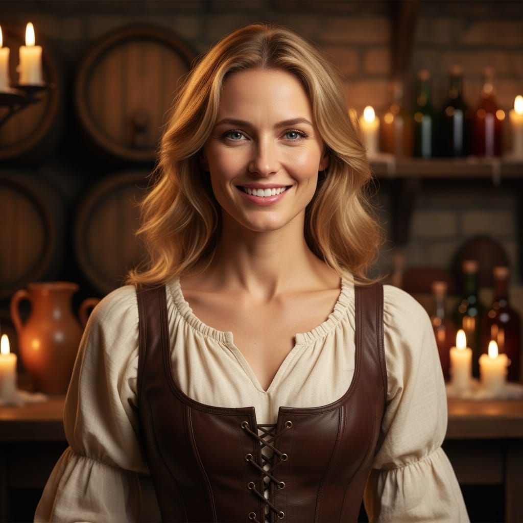 slim white woman tavern keeper candlelit interior 89983364