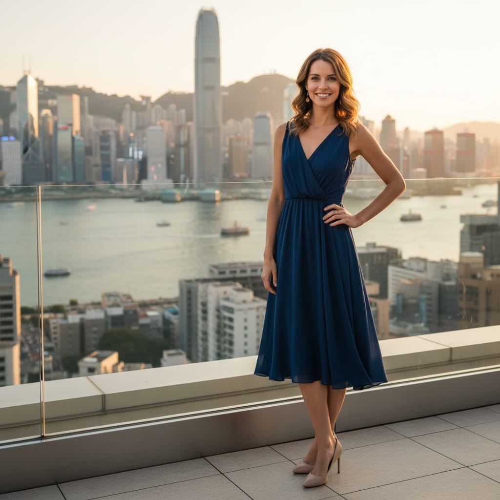 slim white woman victoria harbour rooftop portrait 45259803
