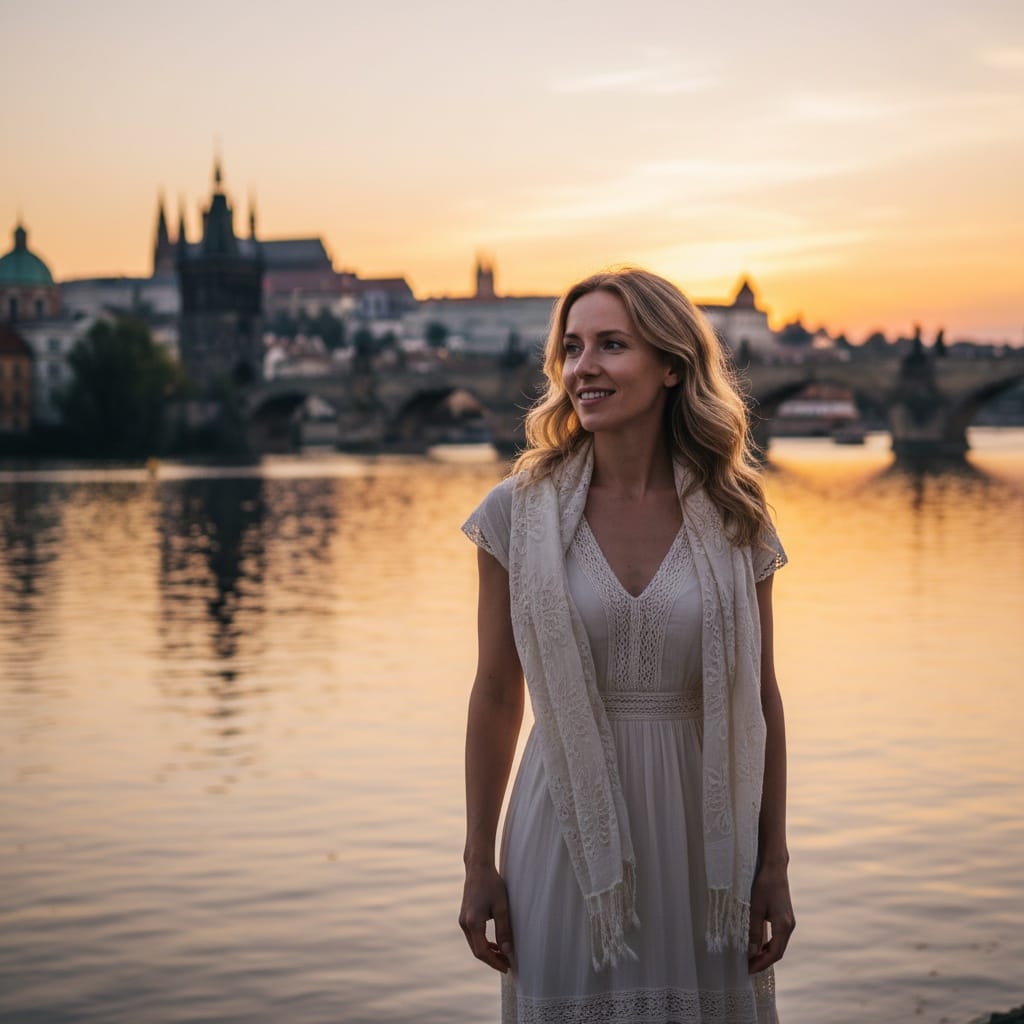 slim white woman vltava river sunset 42725976