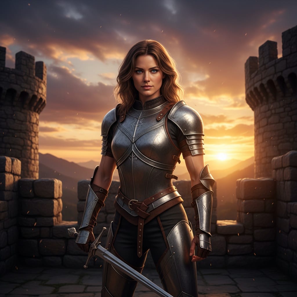slim white woman warrior battlements dramatic 88529919