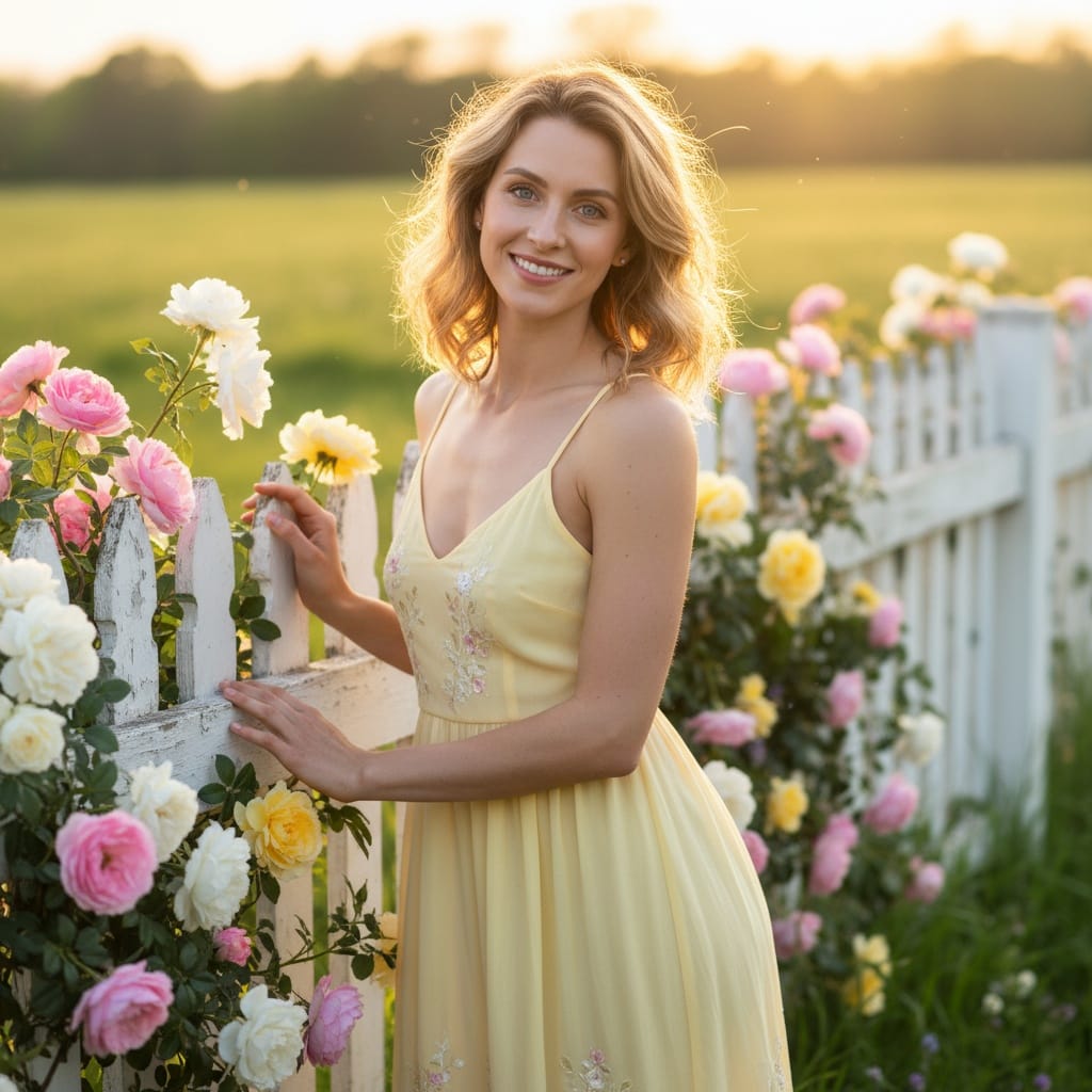 slim white woman white picket fence spring 35673302