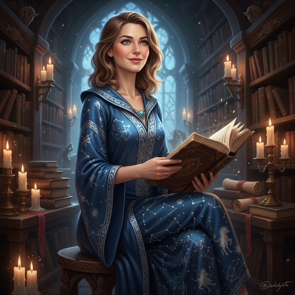 slim white woman wizard scholar library 34587972