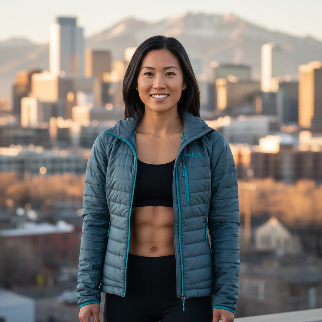 athletic asian woman downtown denver skyline backdrop 40203845