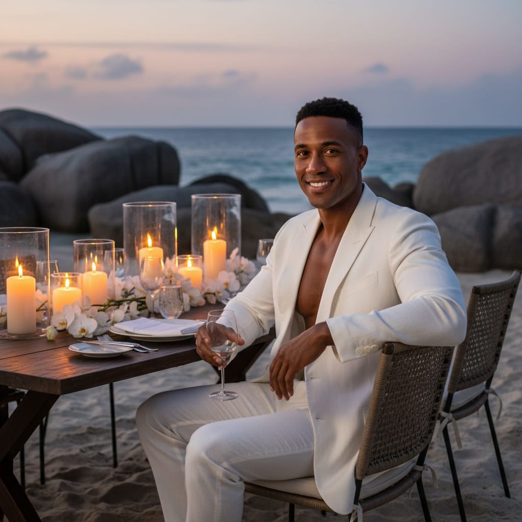 athletic black man beachfront fine dining candlelight 85950794