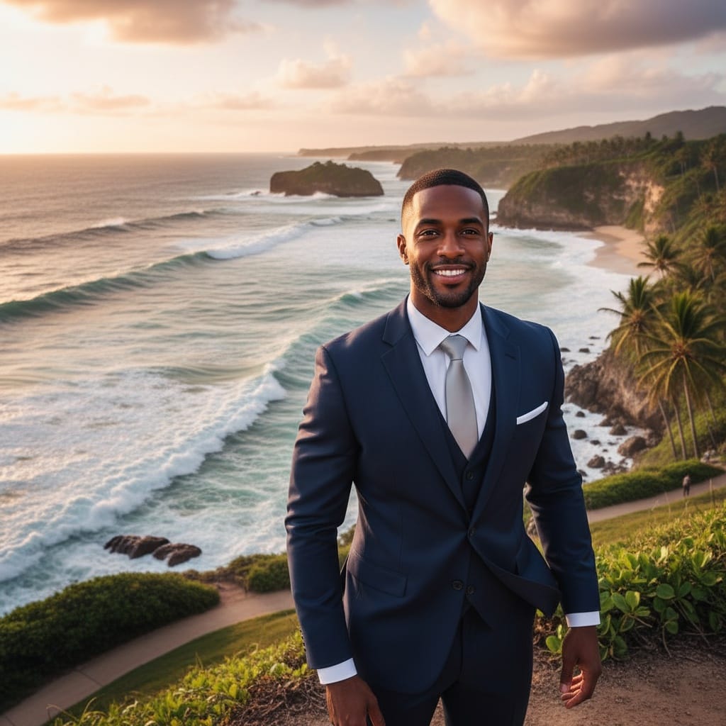 athletic black man oceanfront cliff dramatic portrait 61649255