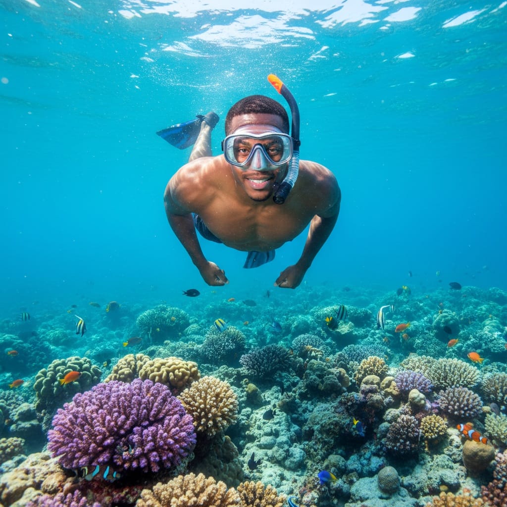 athletic black man underwater snorkeling crystal waters 50905634