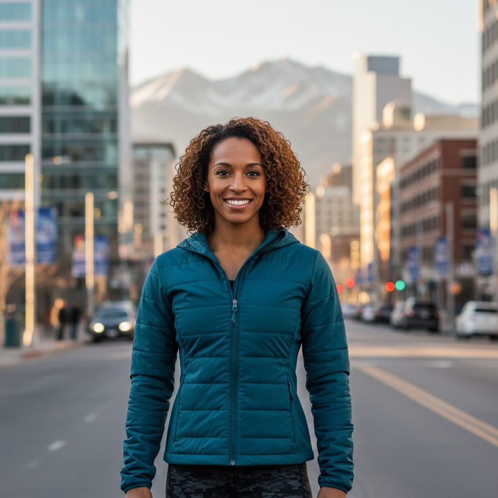 athletic black woman downtown denver skyline backdrop 73664141