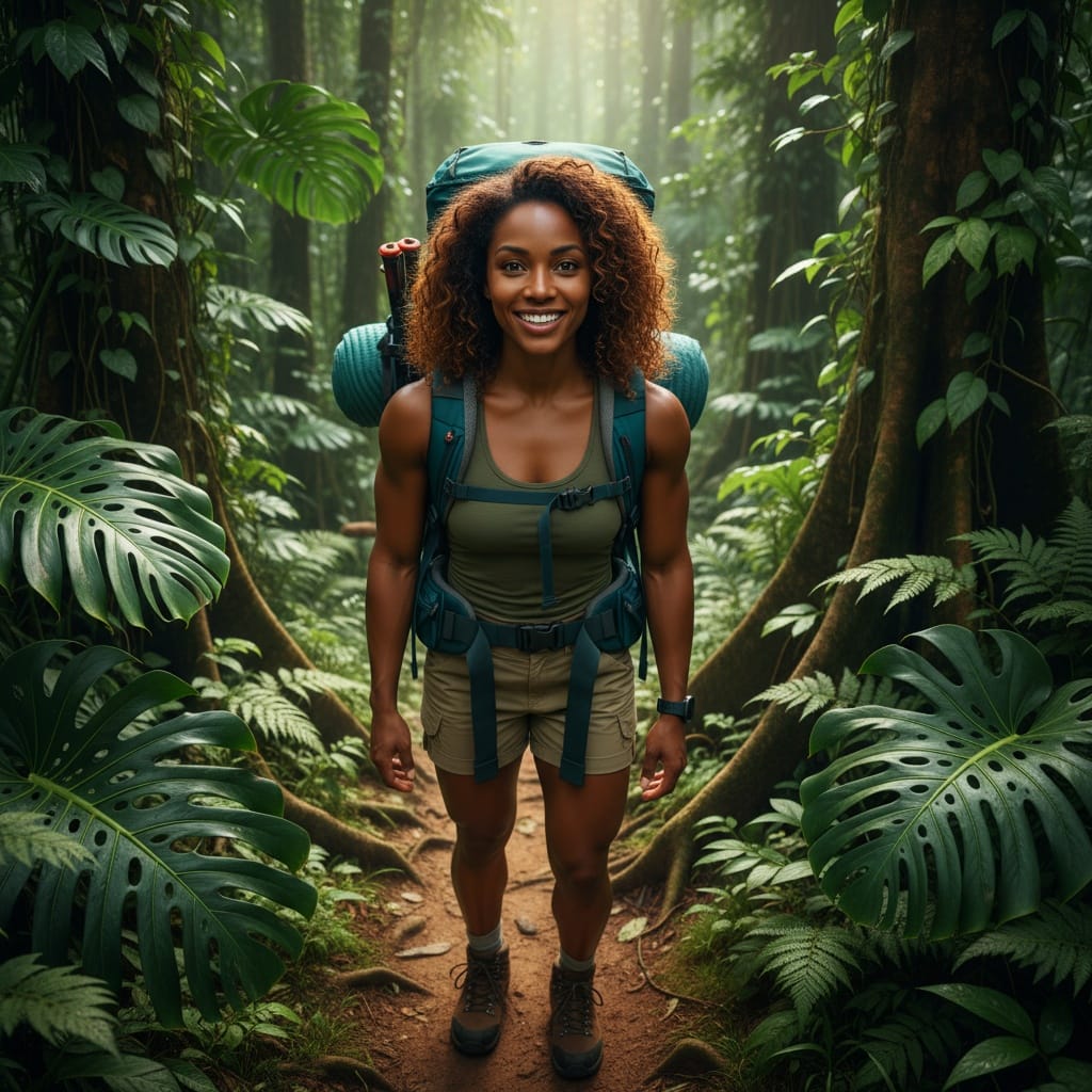 athletic black woman rainforest hiking trail portrait 64337268