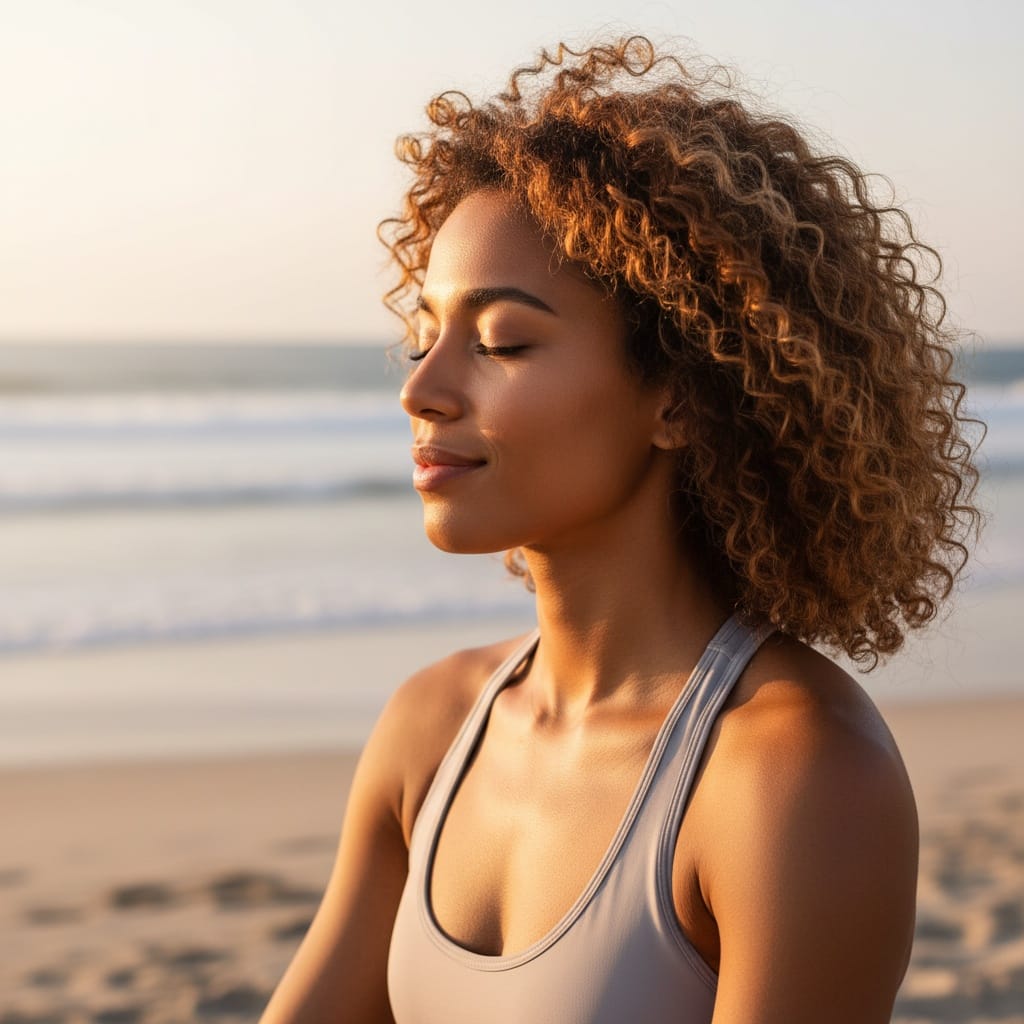athletic black woman sunset beach meditation closeup 44182348