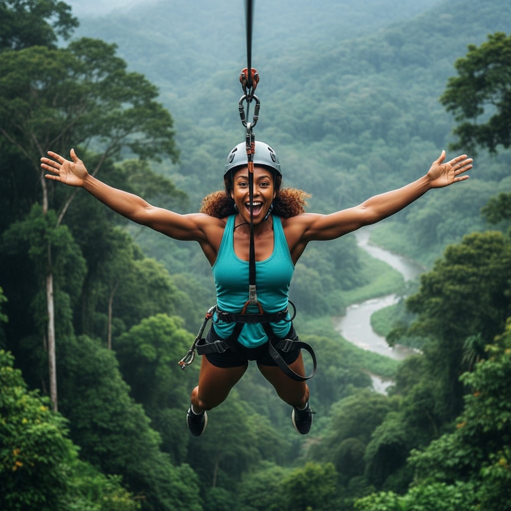 athletic black woman zip lining through rainforest canopy 26301331