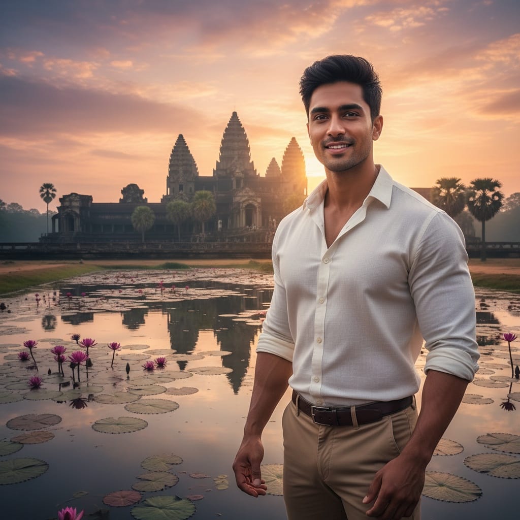 athletic indian man angkor wat sunrise temple entrance 34823401