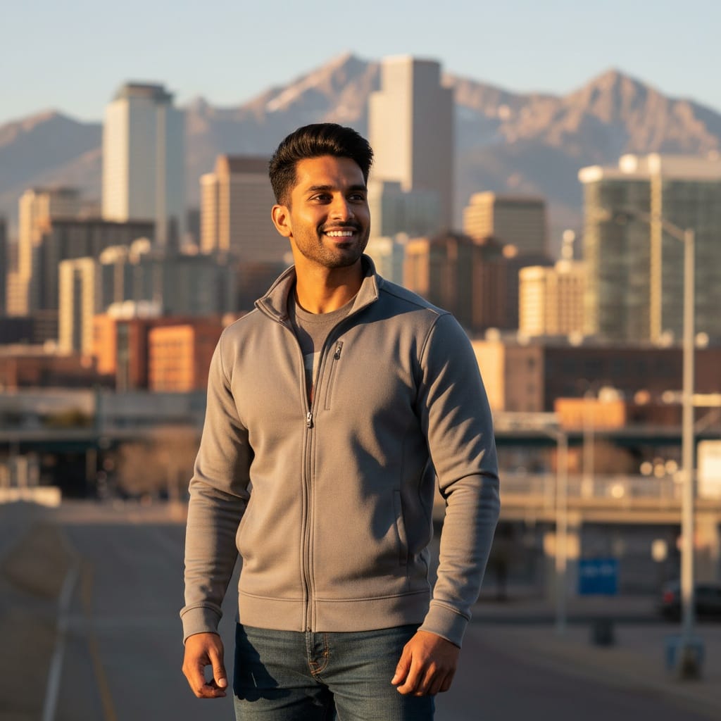 athletic indian man downtown denver skyline backdrop 20131083