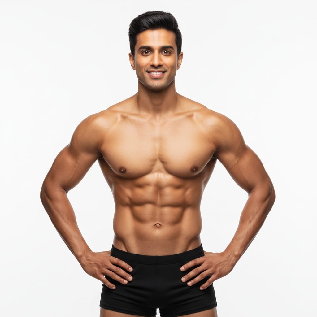 athletic indian man studio front pose white backdrop 44027197