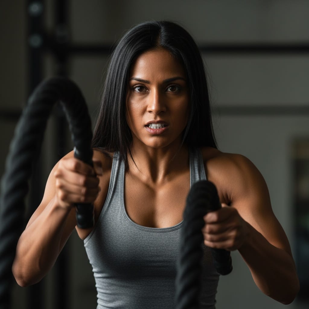 athletic indian woman battle ropes intensity closeup 94567632